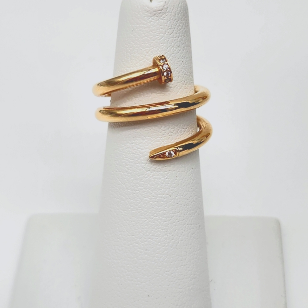 18K Yellow Gold Nail Ring Women Size 5 Au750 Lightweight NEW Spiral w/ CZ Stone